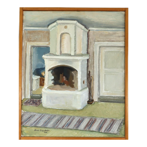 1968 Mid-Century Modern 'The Fireplace' Vintage Swedish Expressive Interior Oil Painting, Framed