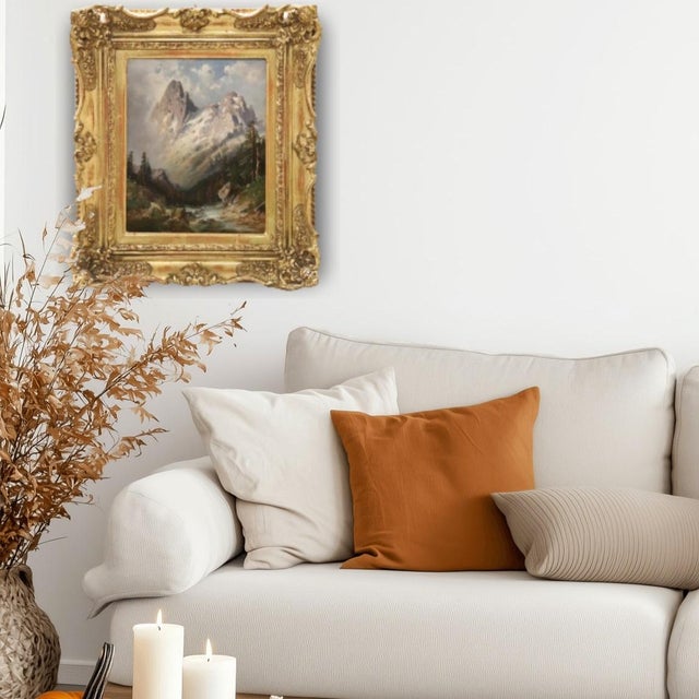 We are pleased to present this 20th-century oil painting on plywood panel. This splendid mountain landscape is signed on...