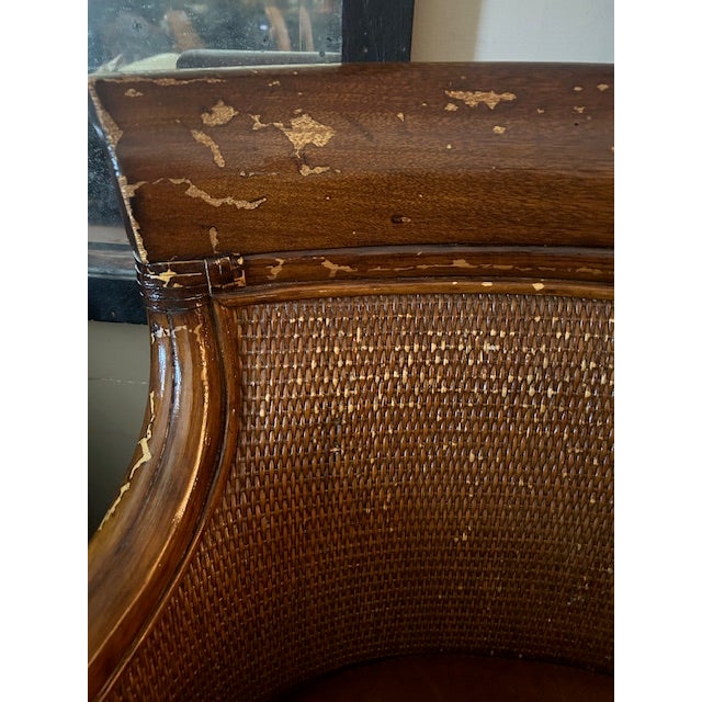 Ethan Allen Leather-Cushioned Woven Rattan Bar Stools For Sale - Image 9 of 14
