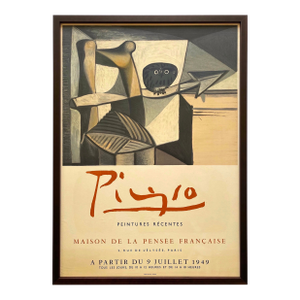 Pablo Picasso Vintage 1949 Mid Century Modern Mourlot Lithograph Print Framed Cubist Paris Exhibition Poster " Owl in an Interior " 1946