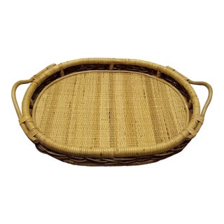 Large Vintage Oval Natural Woven Rattan and Wicker Serving Tray With Handles. For Sale