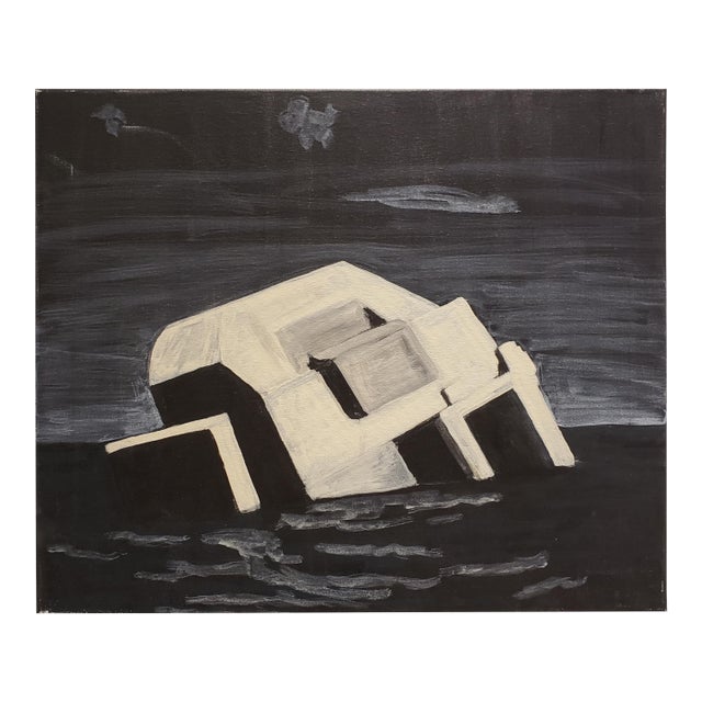 Contemporary Night Painting of Beach Bunker Ruin by Lionel Lamy For Sale