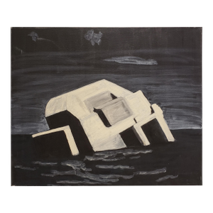 Contemporary Night Painting of Beach Bunker Ruin by Lionel Lamy