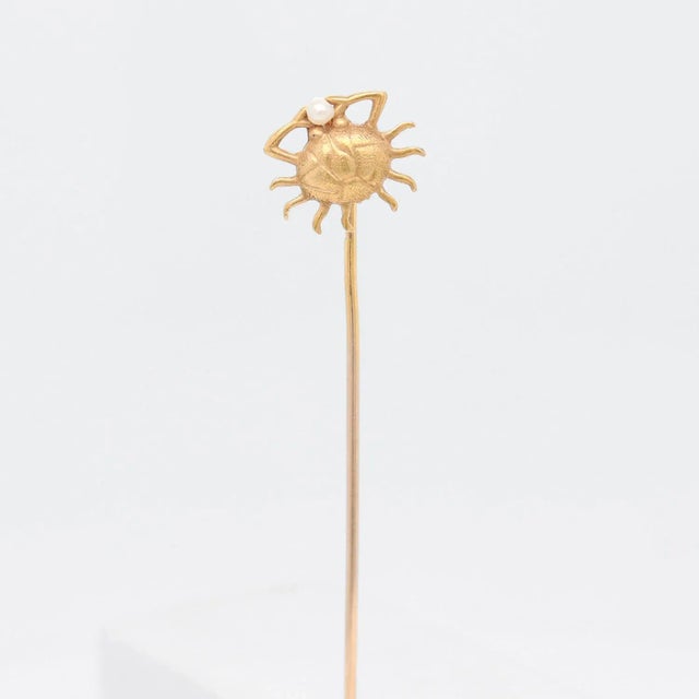 Mid-Century Modern Vintage 10k Gold & Pearl Figural Crab Stick Pin For Sale - Image 3 of 10