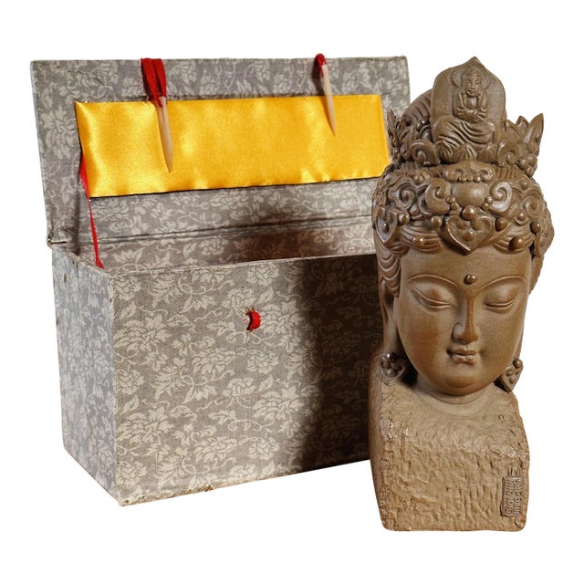 Mid-Century Yi-Xing Zi-Sha (Purple Clay) Kwan-Yin Sculpture (Guan Yin) in Box For Sale