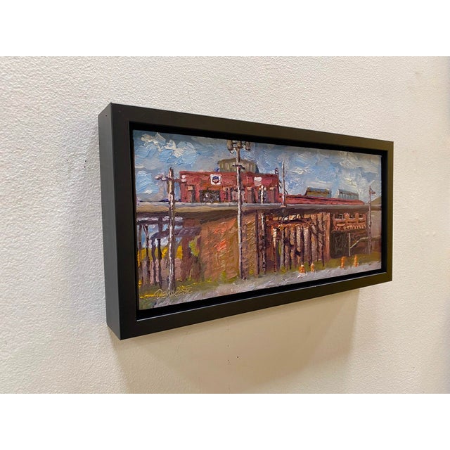 Industrial Burnham Yards by Delton Demarest | Oil on Board Painting of an industrial yard with buildings. For Sale - Image 3 of 5