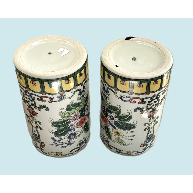 Late 20th Century Pair of Hand‑Painted Porcelain Brush Pots – Famille Rose Floral For Sale In New York - Image 6 of 7