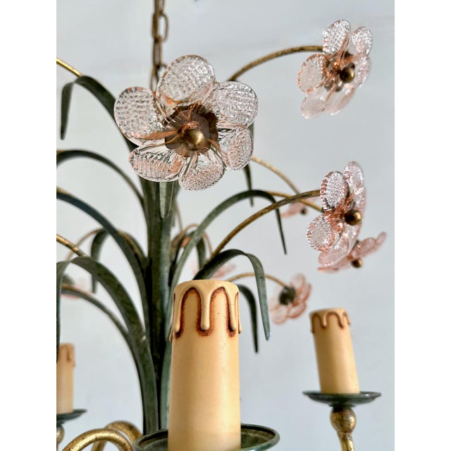 Italian Pink Glass Floral Chandelier with Gilt Tole Leaves from Banci Firenze, 1970s For Sale - Image 13 of 16