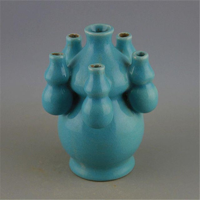 1950s Turquoise Celadon Multi-Spout Gourd Ceramic Vase, Chinese Five Blessings Vase For Sale - Image 5 of 5