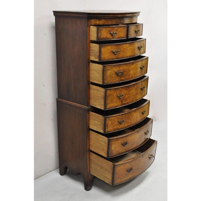 Antique 19th C. English George II Burl Walnut Chest on Chest Dresser. Item features unique narrow size, 2 part...