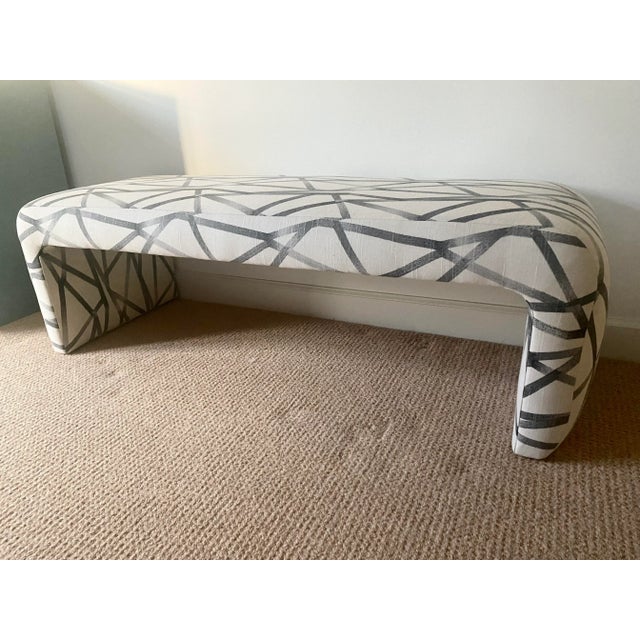 Mid 20th Century Vintage Waterfall Bench With New Intersecting Lines Upholstery For Sale - Image 5 of 12