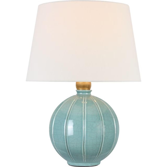Transitional Thomas O'Brien by Visual Comfort Signature Ponteil 17" Table Lamp in Crackled Robin with Linen Shade For Sale - Image 3 of 3