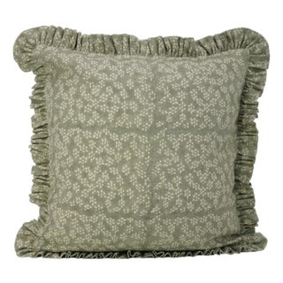 Fabdivine Elegant Block Printed Frill Cushion Cover Green 16x16 Inch Thick Linen- Ola Vrishti For Sale