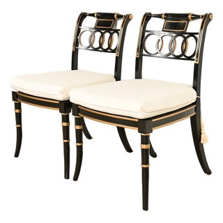 Baker Furniture Historic Charleston Regency Ebonized and Gold Gilt Side Chairs or Dining Chairs, Pair For Sale