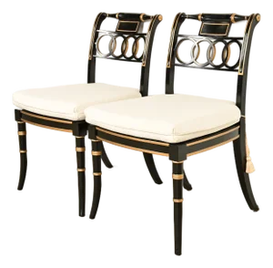 Baker Furniture Historic Charleston Regency Ebonized and Gold Gilt Side Chairs or Dining Chairs, Pair