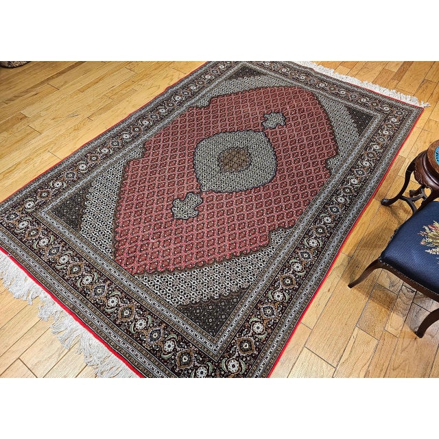 19th Century Antique Persian Tabriz Mahi Rug, Hand-Knotted Wool & Silk, Herati Geometric Pattern, Red & Ivory, 7x10 For Sale - Image 5 of 17