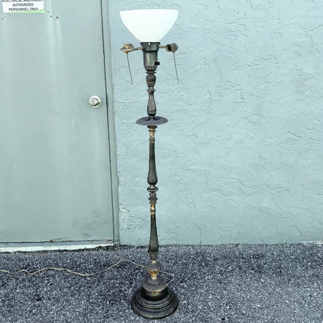 Neoclassical Antique Neoclassical Weighted Metal Torchiere Floor Lamp With Dual Pull Chains For Sale - Image 3 of 9