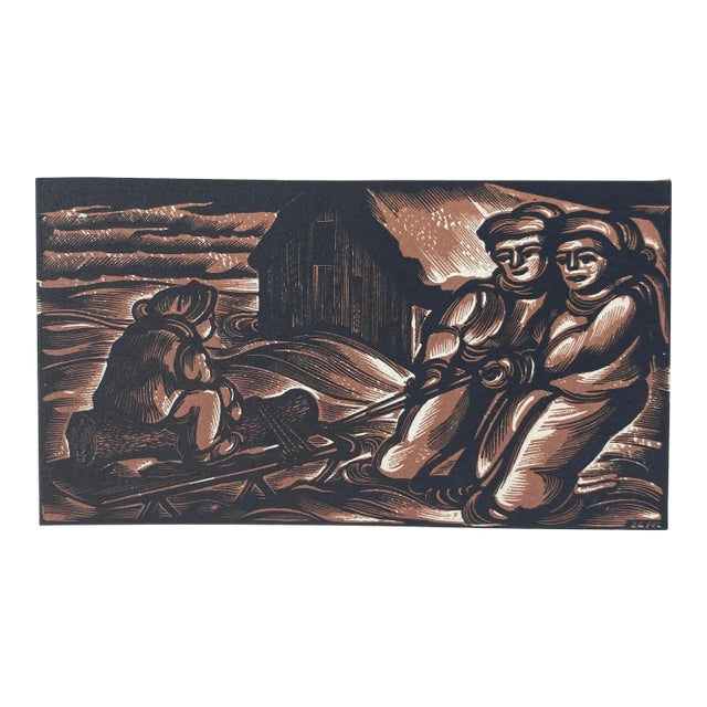 1950s John DePol Winter Wood Engraving For Sale