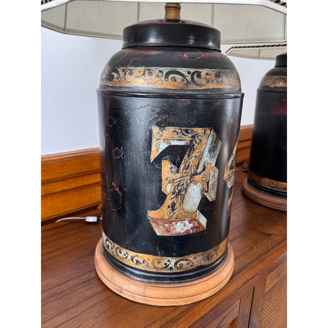 Black Mid 20th Century English Traditional Reproduction Tea Canister Lamps - a Pair For Sale - Image 8 of 13