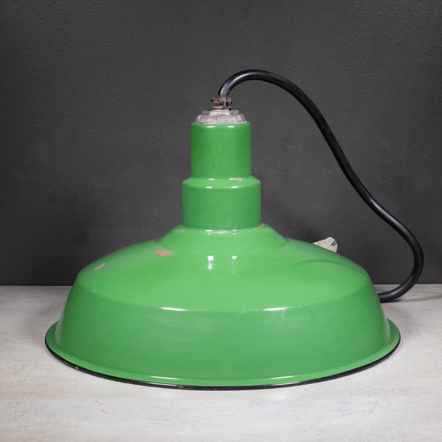Vintage 18" Enameled Porcelain Green Industrial Pendant Lights c.1930-Set of 3 For Sale - Image 9 of 16