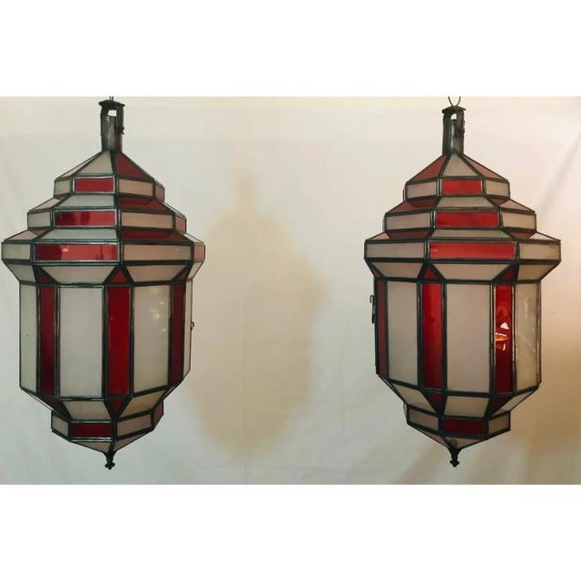 1990s Art Deco Style White Milk & Red Glass Chandelier, Pendant or Lantern, a Pair For Sale - Image 4 of 18