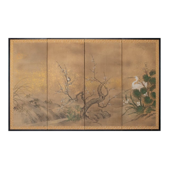 "Egrets and Sparrow", C. 1950s Japanese Yamato-E Style Byobu Screen For Sale