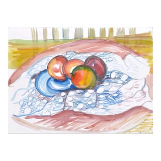 Virginia Hughins Impressionist Still Life with Apples Watercolor on Paper circa 1970s For Sale