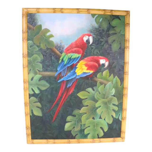 Large Vintage Painting on Canvas Depicting Two Macaws in Lush Tropical Setting C 1970/80's For Sale