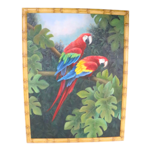 Large Vintage Painting on Canvas Depicting Two Macaws in Lush Tropical Setting C 1970/80's