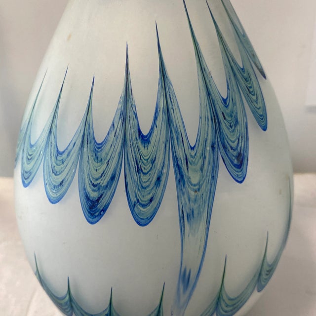 Glass 1970s Frosted Vase With Blue Green Swirls For Sale - Image 7 of 8