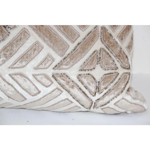 Textile Vintage Taupe and Ivory Cut Velvet Pillow With Metallic Beads For Sale - Image 7 of 13