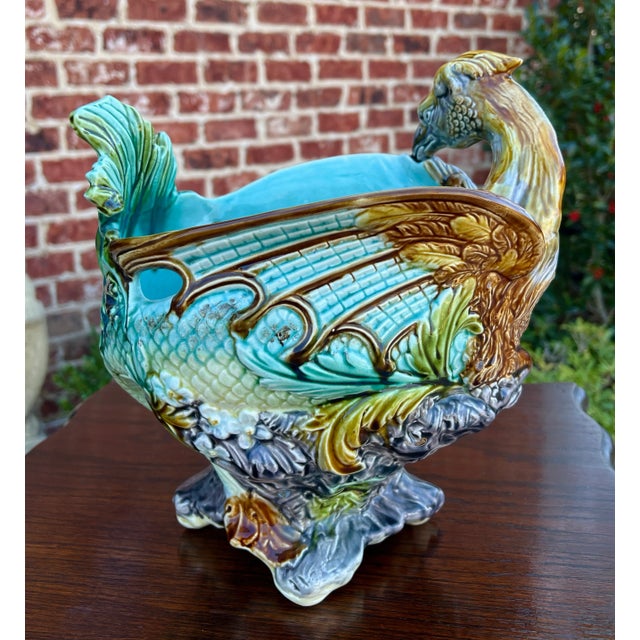 Antique French Majolica Onnaing Cache Pot Planter Bowl Jardiniere Phoenix Bird For Sale - Image 11 of 12