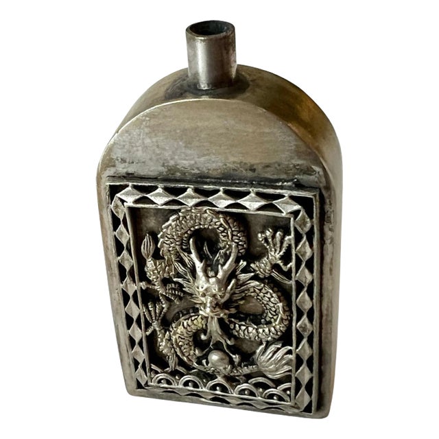 Patinated Silver Chinese Repousse Dragon Perfume Bottle For Sale