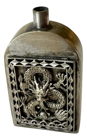 Patinated Silver Chinese Repousse Dragon Perfume Bottle