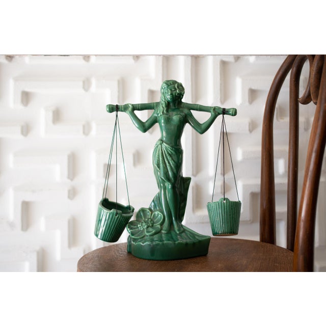 1940s Vintage Gonder Ceramic Pottery Green Female Libra Sculpture For Sale - Image 9 of 9