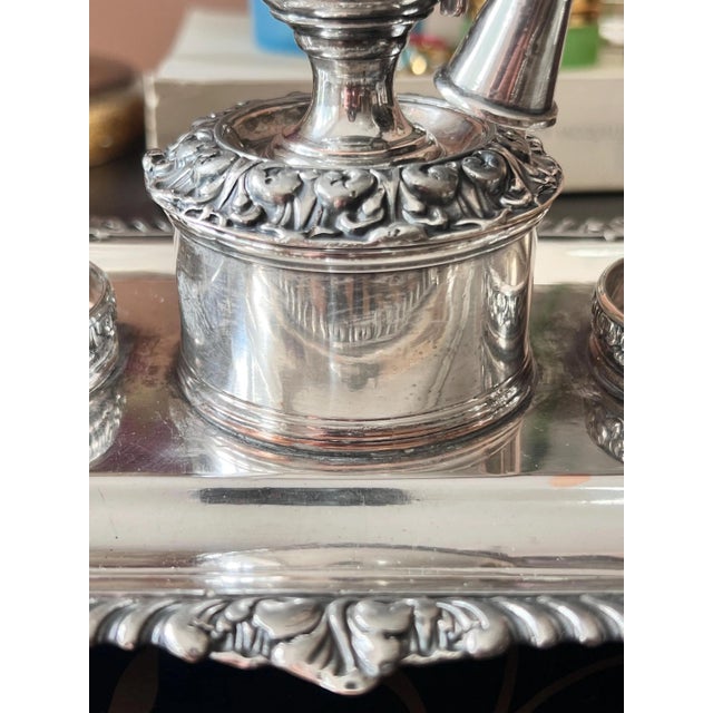 Set of 4, Antique silverplate inkwell stand with crystal diamond cut inkwells // pen and ink // desk accessory // silver on copper For Sale - Image 14 of 15