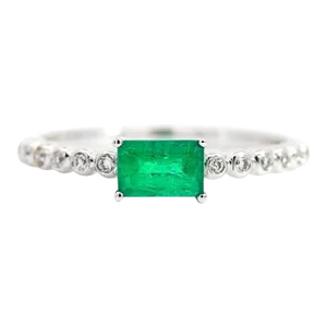 Natural Emerald and Diamond Ribbed Thin Stacking Ring in 18k White Gold Size 6.5