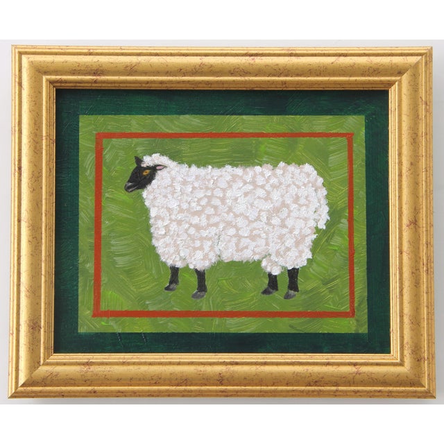 Sheep Minimalism Folk Art Americana English Traditional White Green Original Oil Painting Cleo Plowden For Sale - Image 6 of 7