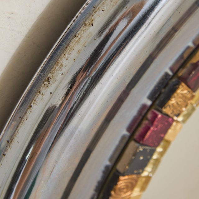 Glass French Chrome Wall Mirror with Ceramic + Glass Tesserae, 1970s For Sale - Image 7 of 9
