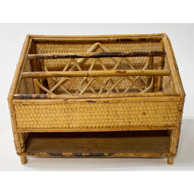 Function meets style with this vintage scorched rattan and cane letter holder. Stay organized with multiple storage...