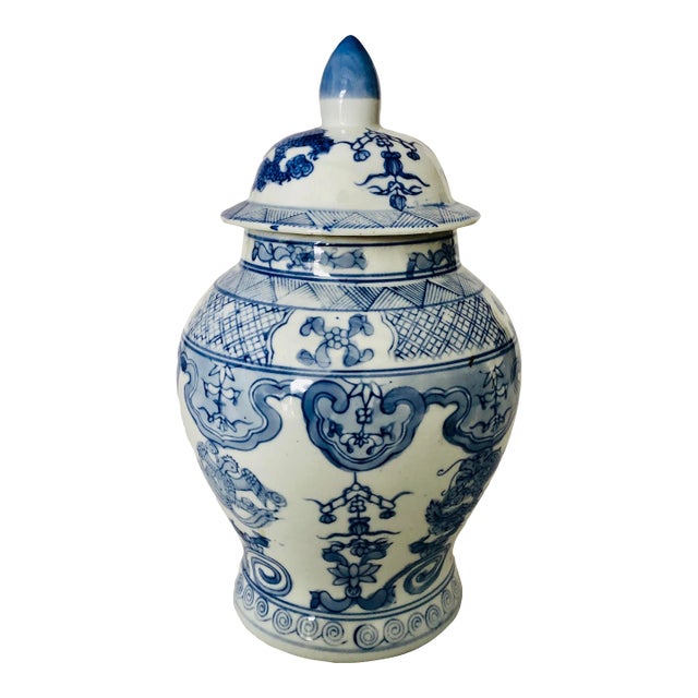 90's Chinese Blue & White Porcelain Lidded Ginger Jar For Sale