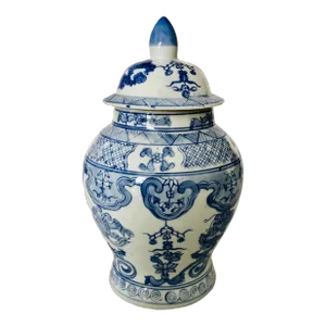 90's Chinese Blue & White Porcelain Lidded Ginger Jar