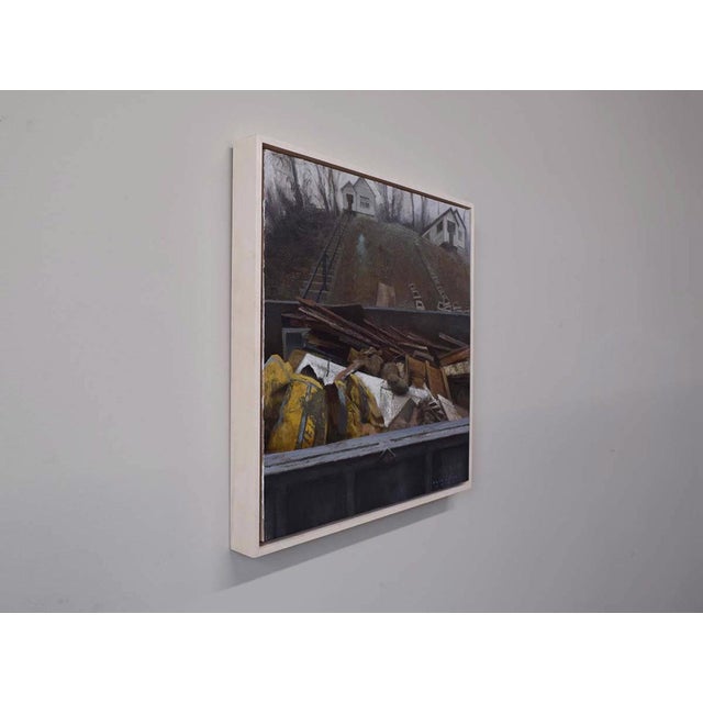 Realism Rehab by Brad Davis | Oil on Wood Panel Depiction of a dumpster with debris and distant houses. For Sale - Image 3 of 5