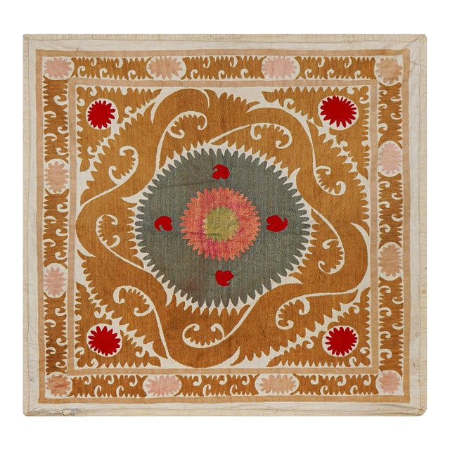 Suzani Wall Hanging, Mustard Green Red Uzbek Hand Embroidery 4'2'' X 4'5'' For Sale