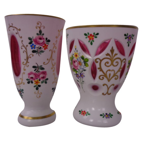 Czechoslovakian Hand-Painted Bohemian Glass Vases, 1890s, Set of 2 For Sale