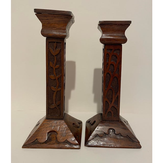 1920s Set of Arts and Crafts Carved Candlesticks For Sale - Image 5 of 8