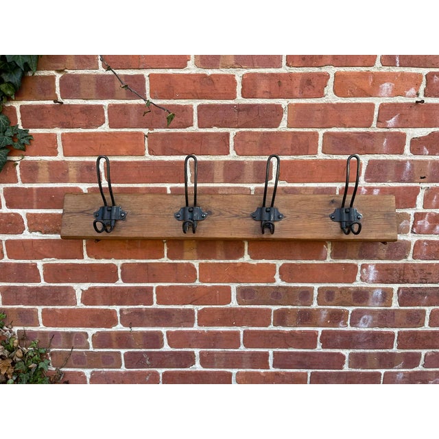 Late 19th Century Antique English Yellow Pine Iron Wooden Coat Rail 1890s For Sale - Image 5 of 7