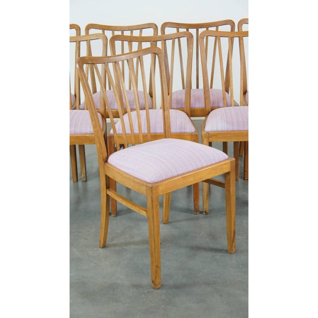 Brown Vintage Danish Dining Chairs with Light Purple Fabric Seats, 1970s, Set of 8 For Sale - Image 8 of 14