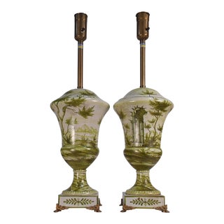 Early Marbro Urn Lamps With Green Painted Roman Ruins - a Pair For Sale