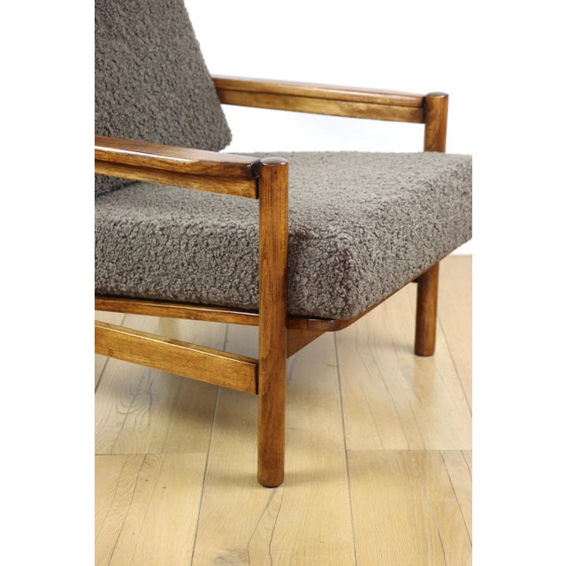 Vintage Wooden Armchair in Chocolate Brown Boucle Lamb from Z. Baczyk For Sale - Image 11 of 12